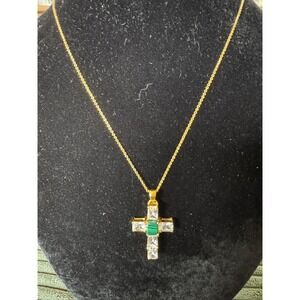 Vintage 14k Gold Plated Cross Crucifix Necklace Malachite Religious‎ Lind